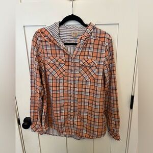 Boston Trader Cotton Blend Plaid Hooded Button Up Shirt Size Large Casual Lined